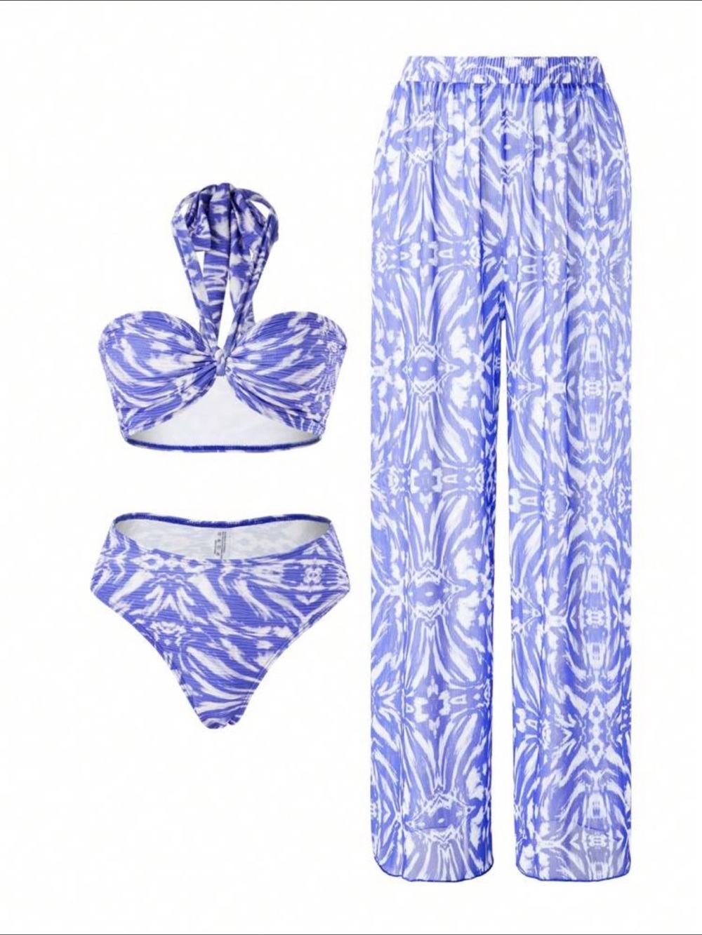 3-Piece Bikini Set - Top, High-Waist Bottom, Wide-Leg Pants